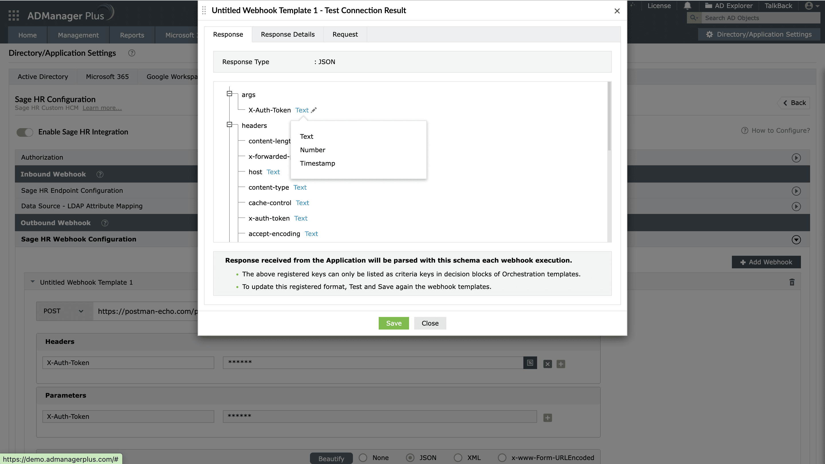Outbound webhook test connection result with schema mapping.